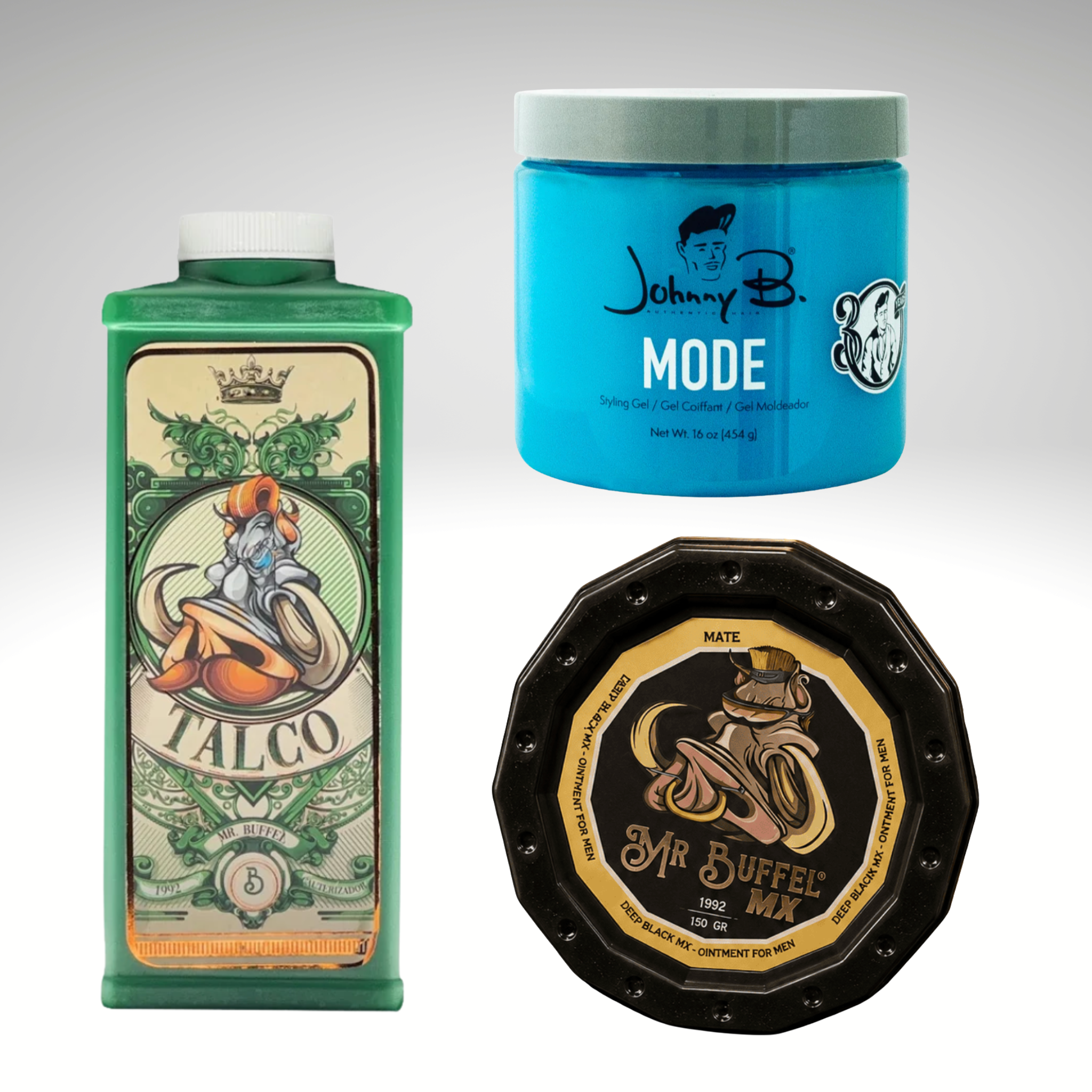 Johnny B Hair Gel 16oz + Mr Buffle Talc + Mr Buffle Minoxidil